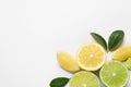 Fresh ripe lemons, limes and green leaves on white background, top view Royalty Free Stock Photo