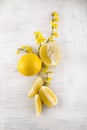 Fresh ripe lemons, slices, rustic food photography on white wood plate kitchen table