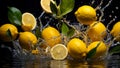 Fresh ripe lemons, water drops, splash creative design