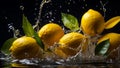 Fresh ripe lemons, water drops, splash creative