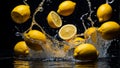 Fresh ripe lemons, water drops, splash creative design flavor tropical