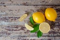 Fresh ripe lemons on wooden table. Top view Royalty Free Stock Photo
