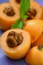 Fresh ripe Loquat Nispero cuted with mint leafs on purple background Close up.