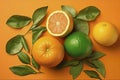 Fresh ripe mandarins, grapefruit and oranges with green leaves on orange background