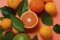 Fresh ripe mandarins, grapefruit and oranges with green leaves on orange background