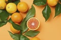 Fresh ripe mandarins, grapefruit and oranges with green leaves on orange background