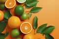 Fresh ripe mandarins, grapefruit and oranges with green leaves on orange background