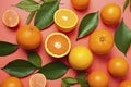 Fresh ripe mandarins, grapefruit and oranges with green leaves on orange background