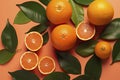 Fresh ripe mandarins, grapefruit and oranges with green leaves on orange background