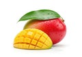 Fresh ripe mango fruit with leaf and sliced half Royalty Free Stock Photo
