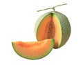 Fresh Ripe Muskmelon Sliced from Whole Fruit Isolated on Transparent Background