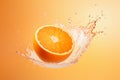 Fresh ripe orange with water splashes isolated on orange background. AI generated Royalty Free Stock Photo