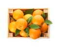 Fresh ripe oranges with green leaves in wooden crate on white background, top view Royalty Free Stock Photo