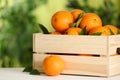 Fresh ripe oranges in wooden crate on white table against blurred background Royalty Free Stock Photo