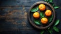 Fresh, ripe oranges on a wooden platter Royalty Free Stock Photo