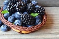 Fresh ripe organic blackberries and blueberries in a basket on old wooden table.Healthy eating,vegan food or diet concept.Selectiv Royalty Free Stock Photo