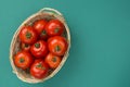 Fresh Ripe Organic Red Tomatoes in Wicker Basket on Turquoise Green Solid Background. Italian Spanish Greek Mediterranean Cuisine Royalty Free Stock Photo