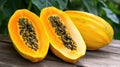 Fresh ripe papayas with seeds on wooden surface Royalty Free Stock Photo