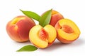 Fresh ripe peaches with leaves on wooden table, close-up, Three perfect, ripe peaches with a half and slices isolated on white Royalty Free Stock Photo