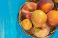 Fresh ripe peaches, pears and apricots in a plate on a blue wooden background. Fresh fruit background. Summer fruits Royalty Free Stock Photo