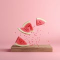 Fresh ripe pieces watermelon flying over wooden board on pink background.