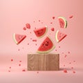 Fresh ripe pieces watermelon flying over wooden board on pink background.