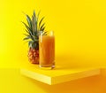 Fresh ripe pineapple and juice on a yellow background Royalty Free Stock Photo