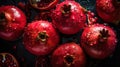 Fresh ripe pomegranades with water drops background. Fruits backdrop. Generative AI