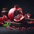 Fresh ripe pomegranate, healthy bio fruit food gardening concept on solid black background. ai generative