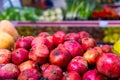 Fresh ripe pomegranates in box for sale Royalty Free Stock Photo