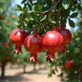 Fresh ripe pomegranates on sunlit tree in orchard Royalty Free Stock Photo