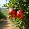 Fresh ripe pomegranates on sunlit tree in orchard Royalty Free Stock Photo