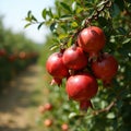 Fresh ripe pomegranates on sunlit tree in orchard Royalty Free Stock Photo