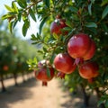 Fresh ripe pomegranates on sunlit tree in orchard Royalty Free Stock Photo