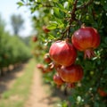 Fresh ripe pomegranates on sunlit tree in orchard Royalty Free Stock Photo