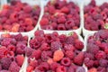 Fresh ripe raspberries in birch bark boxes. Wooden trays with red raspberries background. Raspberries on a supermarket counter