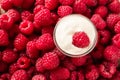 Fresh ripe raspberries and bowl with cream, top view Royalty Free Stock Photo