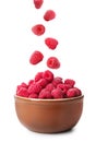 Fresh ripe raspberries falling into bowl on background Royalty Free Stock Photo