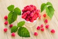 Fresh ripe raspberries in a glass bowl on a wooden table Royalty Free Stock Photo