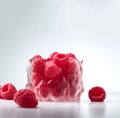 Fresh ripe raspberries in the ice cube. Frozen raspberry. Raspberry in ice. AI generated