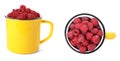 Fresh ripe raspberries in yellow mug on background, top and side views