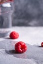 Fresh ripe raspberry fruit, summer vitamin red berry fruit on wet stone concrete background Royalty Free Stock Photo
