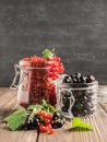 Fresh ripe red black currant berry in various glass jars on a dark background. Selective focus.Vertical frame Royalty Free Stock Photo