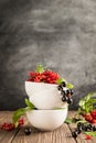 Fresh ripe red black currant berry in white bowls stand in a pile on the table. Vertical frame. Selective focus. Royalty Free Stock Photo