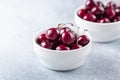 Fresh ripe red cherries in a white bowl on a gray stone background Copy space Royalty Free Stock Photo