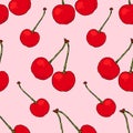 Fresh ripe red cherry berries seamless pattern, juicy summer berry