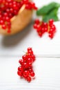 Fresh ripe red currant berries Ribes rubrum with leaves in bowl on white wooden table. Royalty Free Stock Photo