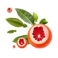 Fresh ripe red grapefruit with green leaves. Red sliced citrus isolated. Royalty Free Stock Photo