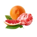 Fresh ripe red grapefruit with green leaves. Red sliced citrus isolated. Royalty Free Stock Photo