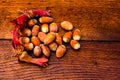 Fresh ripe red hazelnuts on wooden table Royalty Free Stock Photo